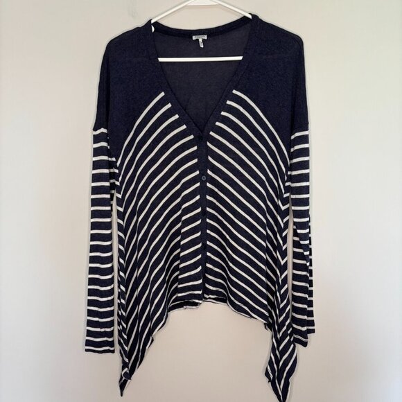 SPLENDID XS Asymmetrical Cardigan Navy White Stripes Stretch Comfy Long Sleeve - Picture 1 of 3